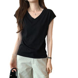 European Goods Explosion Niche Shoulder V-Neck White Short-Sleeved T-Shirt Women 2025 Summer New Super-Looking High-End Feel Blouse