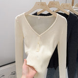 2026 Early Spring French Pure Lust Wind V-Neck Knitted Shirt Girl New Soft-Castic Elastic Repair Inside The Bottom Blouse