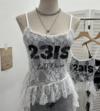 Real Shooting Lace Sling Vest Irregular Ribbon Hot Wear Print Short-Sleeved Top 1193