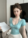 Lace Lace Lace Bow Sexy V-Neck Short-Sleeved T-Shirt Girl Summer Design Picts Hanging Neck Repair Short Blouse