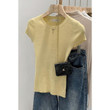 Spring And Summer New Leisure Round Collar Solid Color Repair Elastic Knitting T-Shirt Girl