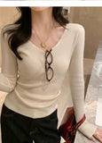 Gray V-Neck Bottom Shirt Women's New Tattoo Sweater Wearing Long-Sleeved Knitting Spring And Autumn Blouse
