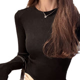 Threaded Slimmed Head Bottom Knitted Shirt Women Autumn 2025 New Round Collar With Shoulder Long Sleeve Top