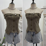 Real-Patring Zipper Open-Shirt With Bra Hottie Wrapped Breast Sexy Outer Wear Vest Short Irregular Sleeveless Top 2770