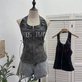 Real Shooting Babes Hanging Neck Pu Embroidered Sling Sling Vest One-Swaive Zipper Short Sleeveless Top 1366