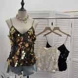 Real Shooting Heavy Industry Bling Bright Flash Beads Low V Collar Sexy Sling Vest Night Shop Babes Sleeveless Top 9153