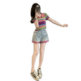 Dopamine Casual Sports Suit Women's Summer Blast Street Small Rainbow Blouse Denim Shorts Two-Sleeve