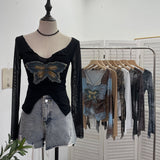 Real Shooting Pure Sexful V-Neck Umbilly T-Shirt Female Hairy Denim Butterfly Embroidered Mesh Yarn Long Sleeve Top 9996