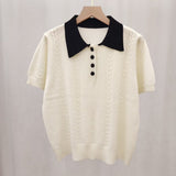 Short-Sleeved Knitting Polo Collar Pink Splicing Shoulder Summer Design Small Soft Knitting Slim Top