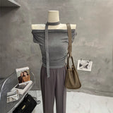 Pure Lusty Slanted Shoulder Shoulder Repair Short-Sleeved T-Shirt Around The Neck Strapped Clothes Thin Shoulder Vest New