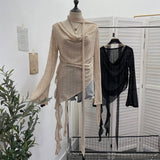 Real Shooting Wasteland Wind Irregular Ribbon Hollow Hole Knitted Shirt Collar Loose Long-Sleeved T-Shirt 9277