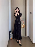 High Sensational Temperament V-Neck Waist Dress 2026 New French Black Wave Dot Short-Sleeved Dress Dress Women's Summer
