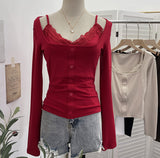 Real Shooting Spice Girls Fake Two Lace Slings Splicing Side Single Buckle Casing Long Sleeve Bottom Shirt 2828