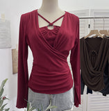 French Design Sense Hanging Neck Cross-Folded Long-Sleeved T-Shirt Inside The Fake Two-Piece Top Female 2767