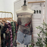Vintage Graffiti-Printed Shoulder-Threin Mesh Long-Sleeved Blouse Side Drawstring Tethered With Slime T-Shirt 8959
