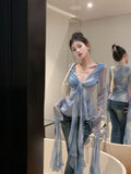 Gradual Tie Dye Thin Long-Sleeved Shirt Women Autumn Winter French Sun Protection Shirt Ribbon Design Small Top