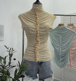 Drilling Sleeveless Vest Wearing Half-High Neck Net Yarn Slime Folded T-Shirt Blouse Female 2589