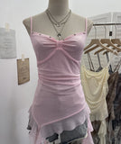 Real Shooting Thrombial Rivet Sling Skirt Design Lotus Side Ribbon Ribbon Vest Dye Net Yarn Sleeveless Top Lady 1275