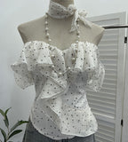 With Chest Pad A Word Shoulder Wave Point Shirt Woman Xia Repair Lotus Leaf Side Short Shirt Repair Body 6162