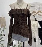 Real Shot One-×Ö Shoulder Sling Long-Sleeved Top Repair Slim Thin Folds Irregular Lotus Lace Tidly Tidly Tidly Tidly Tidly Tidly Tidly T-Shirt 1162