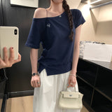 White Slings With Slanted Shoulders To Close The Waist Short-Sleeved T-Shirt For Women's Summer 2026 New Design-Sensitive Beautiful Blouse