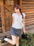 Lace V-Neck Striped Front-Sleeve Shirt For Women's Summer Short-Sleeved Commuting Bow Shirt Shirt