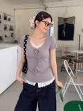 Design-Sensitive White Lace V-Neck Front Shoulder Short-Sleeved T-Shirt For Women's Summer New Slim Design With A Slim Unique Top