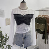 Vintage Spice Girls Stomee Net Yarn Sexy Perspective Drawstring Long-Sleeved T-Shirt Top 2630