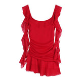 Red Lotus Leaf Side Tie Dress Women Summer Folding Skirt Sweet Hot Girl Waist A Short Skirt