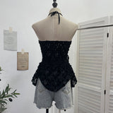 Real-Patlace With Hanging Neck Tector Lace Three-Dimensional Flower Sling Vest Irregular Ribbon Sleeveless Top 9330