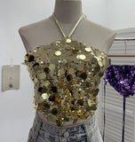 Heavy Industry Bling Bling Glide Hanging Neck Sling Vest One-Style Wrapping Tie With Large Bare Back Blouse 1083