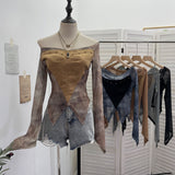 Real Shot One-Word Shoulder Rivet Splicing Dizzy Net Yarn Irregular Long-Sleeved Top Short Repair Hottie T-Shirt 1299