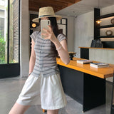 Beautiful Single Wear Double Buckle Striped Knitted Short-Sleeved Women's Summer 2026 New Old Money Style Style Open Shirt Thin Top