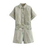 2025 Summer New Women's Wear Collar Short Sleeve Pocket Dress Denim Short Jumpsuit 4979036