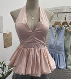 French Retro Hanging Neck Tie With Bare Back Sling Skirt Folded Short Sleeveless Top Woman 9225