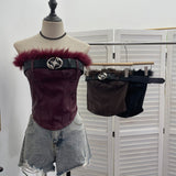 Real Shooting Millennium Babes Hair Splicing Pu Leather Belt Brae Waistcoat With Chest Cushions With Short Shirt 1351