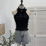 Real Shooting Guangzhou Women's Clothing Hanging Neck Vest Bow Layer Lace Splicing Short Sleeveless Top 2858