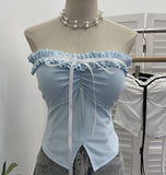 Real Shot With Chest Pad Lotus Leaf Edge With Bow Tector-Bossed Waist-Opened Hottie Sleeveless Top 9332