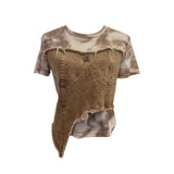 Real Shooting Of The Edge Of The Denim Splicing Tie Dye Mesh Repair Irregular Two Short-Sleeved Top T-Shirt 26171