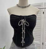 Real Shot With Chest Pad Water Washing Denim Breast Vest Bright Crystal Crystalline Wearing Rope With Short Sleeveless Top Woman 2856