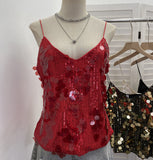 Real Shooting Heavy Industry Bling Bright Flash Beads Low V Collar Sexy Sling Vest Night Shop Babes Sleeveless Top 9153