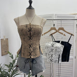 Punk Dizzling Print With Chest Pads With Rope Tie Slings Zipper Open Fork Short Top 6230