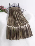 Metal Bright Reflective Skirt New Station High Waist Thin 100-Fold Skirt Mid-Long Half-Dress Woman