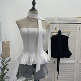 Real Shooting Tight Skirt Swing Fluffy Fragrant Chest Vest Hanging Neck Ribbon Short Blouse Woman 8169