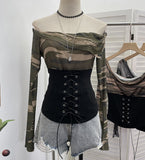 The Real Shot Of The Hottie Shoulder Mesh Hot Diamond To Receive The Belt Strap Horn Long Sleeve Top Short T-Shirt 2760