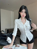 Pure Lusty Temperament Polo Collar Long-Sleeved Shirt Women Summer Short Repair Slim Design Picts Tat