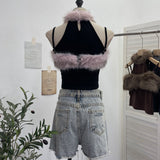 Small Version Of The Tight Hair Hanging Neck Splicing Sling Sling Vest Hottie Sexy Short Sleeveless Top 2800
