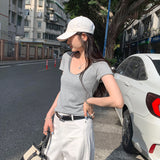Sweet And Gentle Wind Shoulder U Collar Two Short-Sleeved T-Shirt Women's Summer 2026 New Burst Small Short Top