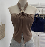 French Hanging Neck Sling Vest With Chest Pad Open Fork Short Bramped Stairless Top 9286