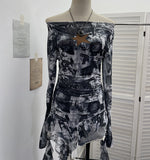 Vintage One-Word Shoulder Long-Sleeved T-Shirt Babes Net Embroidery Irregular Ribbon Dress 12901